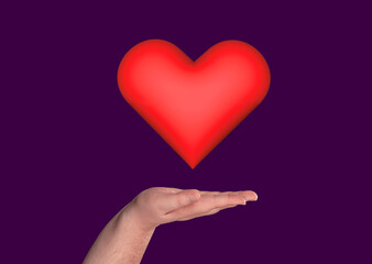holding heart. love icon on hand. purple background