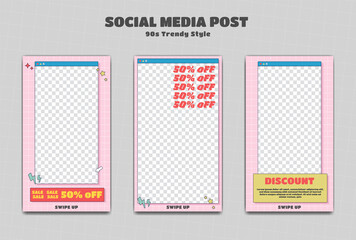 Editable instagram story post template set pink color with 90s retro trendy cartoon style
