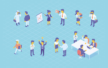 Fototapeta premium Cartoon Business People Characters in Coworking Place. Businessman and Businesswoman Working, Discussing and Meeting in Open Space Office. Flat Isometric Vector Illustration.