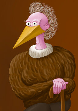 Old man wearing a mask that resembles a rooster beck - funny colorful illustration