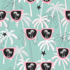 Seamless tropical pattern with palm trees and sunglasses. Summer beach print