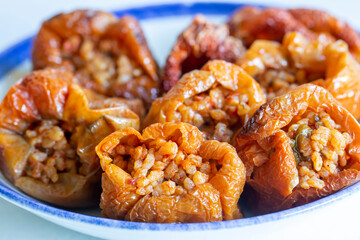 Traditional delicious Turkish food; stuffed dried - dry pepper ( Turkish name; kurutulmuş or kuru biber dolmasi)