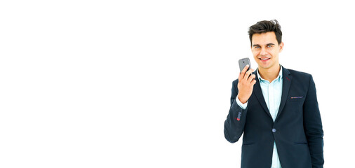 Naklejka premium Portrait young handsome man in suit hold smart phone mobile on white background with copy space for your promotional or text isolated on white background,