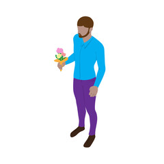 Guy in modern clothes holds a bouquet of flowers in his hand. Romantic man in isometric view.