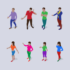 Isometric people set. Men and women in modern clothes stand in different poses gesturing with their hands.