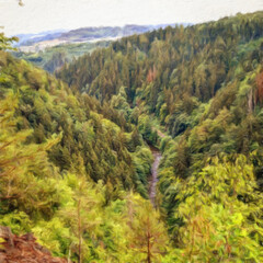 Trendy beautiful travel landscape, bright colors of power of nature. Touristic famous location. Oil painted wall art print in large size, creative drawing design. Contemporary pictorial artwork