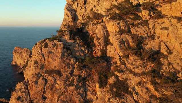 Aerial video of the cliffs in the area of Cap Nono, in Santa Ines, Ibiza.