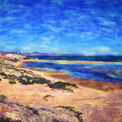 Trendy beautiful travel landscape, bright colors of power of nature. Touristic famous location. Oil painted wall art print in large size, creative drawing design. Contemporary pictorial artwork