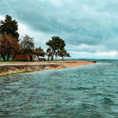 Trendy beautiful travel landscape, bright colors of power of nature. Touristic famous location. Oil painted wall art print in large size, creative drawing design. Contemporary pictorial artwork