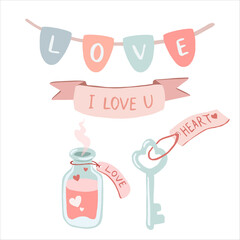 Saint Valentine elements set with vintage key from heart, bunner, garland and love potion