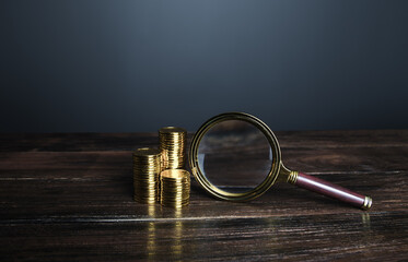 Coins and magnifying glass. Investigating capital origins. Search for investments, fund new...
