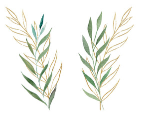 Green and Golden watercolor botanical leaves illustration