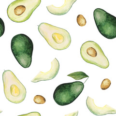 Watercolor green juicy avocado seamless pattern. Whole and half an avocado, tropical fruit illustration