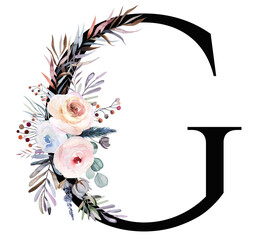 Letter G decorated with watercolor winter bouquet made of pastel flowers and leaves. Floral alphabet