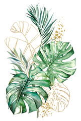 Golden bouquet with green and golden watercolor tropical leaves illustration