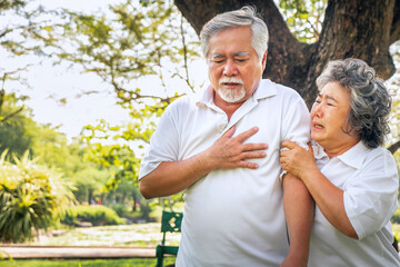 Old asian man having heart attack chest pain, Health problems medical concept.
