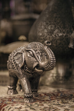 Elephant figurine made of metal. Detailed close-up elephant figurine made of metal. National souvenir. Jordanian souvenir shop.