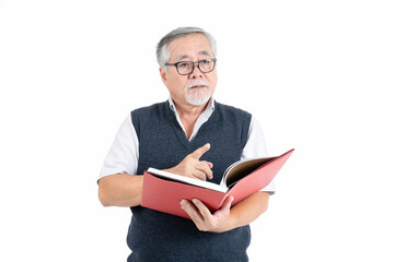 Adult Mature old man wearing eyeglasses thinking and reading book with copy space for your promotional or text isolated on white background, People lifestyle concept