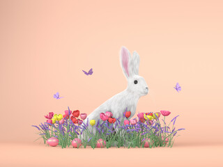 A rabbit sits among flowers and butterflies hiding painted eggs. Festive banner for the Holy Easter Day. 3D Render