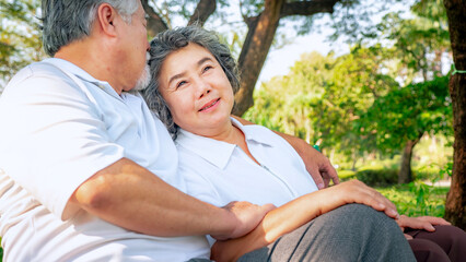 Fototapeta premium Happy asian elderly couple relax in park, relationship retirement, People lifestyle concept.