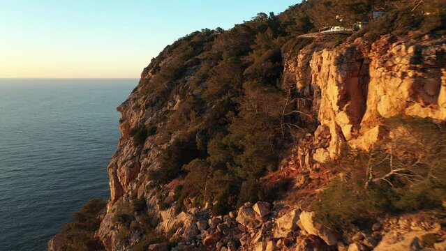 Aerial video of the cliffs in the area of Cap Nono, in Santa Ines, Ibiza.