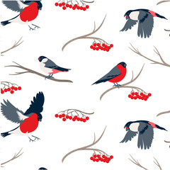bullfinch pattern with red rowan berries and twigs