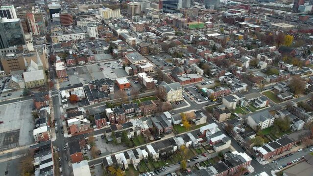 Downtown Wilmington,Delaware USA. Aerial View of Streets and Buildings in Autumn Season, Drone Shot