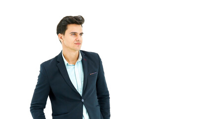 Portrait young handsome man in suit on white background with copy space for your promotional or text isolated on white background,