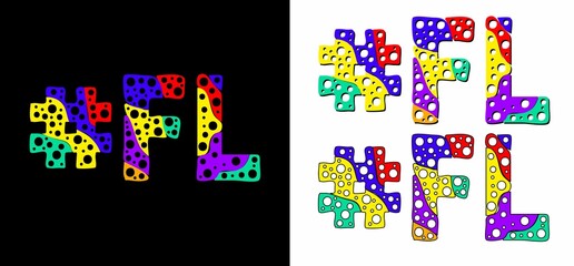Hashtag #FL set. Multicolor bright funny cartoon colorful doodle bubble isolated text. Rainbow colors. Hashtag #FL is abbreviation for the US American state Florida for print, social network.