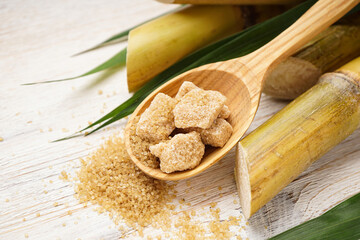 Sugarcane with green leaf and pieces of brown sugar in a wooden spoon on a beige background, flat lay.