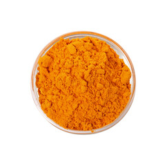 Aromatic saffron powder in bowl on white background, top view