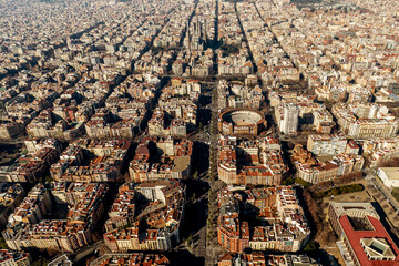 Aerial view at residential quarters of Barcelona in sunny day.
