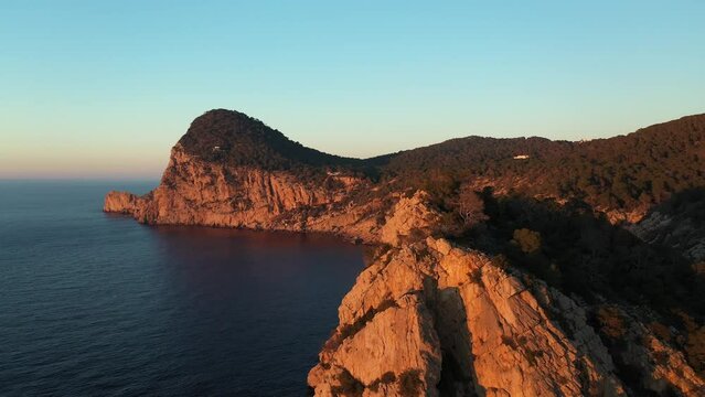 Aerial video of the cliffs in the area of Cap Nono, in Santa Ines, Ibiza.