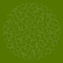White outline of apples on a green background in a circle. Vector graphics