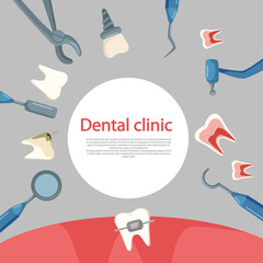 Dental concept frame. Teeth at different stages of treatment. Vector cartoon illustration. Dental instruments and equipment.