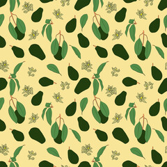 A set of seamless patterns of avocados, leaves, fruits and flowers, 1000x1000 pixels, color version.