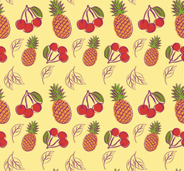 seamless pattern with fruits, cherry, pineapple. Vector illustration