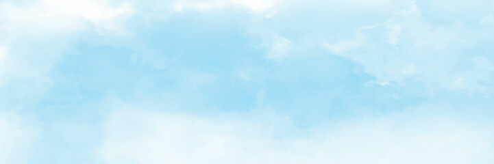 Panorama view  watercolor blue sky with white clouds texture background.