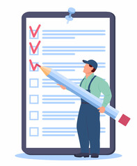 Male character in a work uniform with a big pencil makes a mark on the to do list. In the background is a giant checklist pinned to the board. Vector illustration in flat style on a white background.