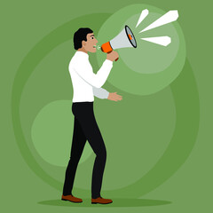 A man shouts into a megaphone on an abstract background. Vector illustration.
