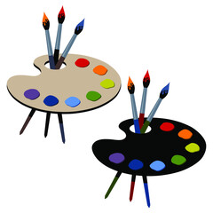 Artistic palette with paint and brushes. Vector illustration.
