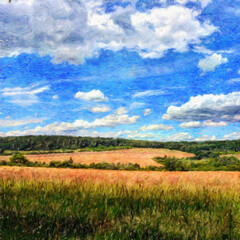 Fototapeta premium Watercolor and oil mixed landscape paintings in autumn or summer colors. Poster, canvas print or large size background template with wild nature landscape. Rural motifs artwork, textured brush strokes