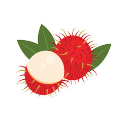Rambutan whole fruit and peeled isolated on white background. Juicy rambutan cartoon icon for package design. Vector illustration of tropical fruits in flat style.