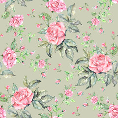 Bouquet of roses on green background. Floral seamless pattern painting in watercolor.