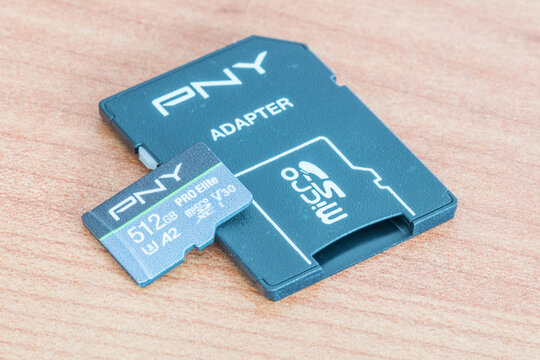 Pruszcz Gdanski, Poland - February 1, 2022: PNY 512GB microSDXC PRO Elite card and SD card PNY adapter.