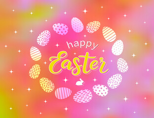Happy  Easter lettering on blurred background. Religious holiday greeting card. Vector illustration for invitation, poster, card, flyer, cover, banner, placard and brochure