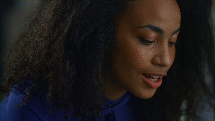 Young african american businesswoman video chatting in remote office workplace.