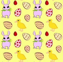 Foto op Plexiglas Vector seamless pattern with easter eggs and rabbits © BlueBee