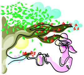 Obraz na płótnie Canvas One line drawing of woman spraying tree. One continuous line drawing of happy gardener holding bottle takes care of flowers.