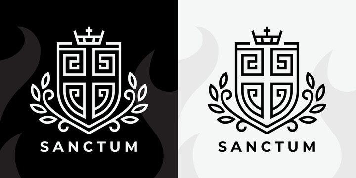 Christian cross shield logo. Religious crucifix coat of arms sanctum line icon. Catholic Calvary church crest symbol. Vector illustration.